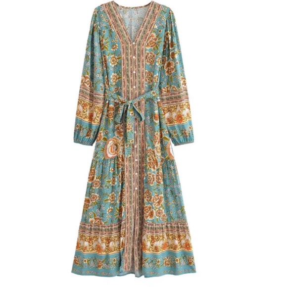 oho Floral Print V neck Button Down Belted Dress - Picture 1 of 7